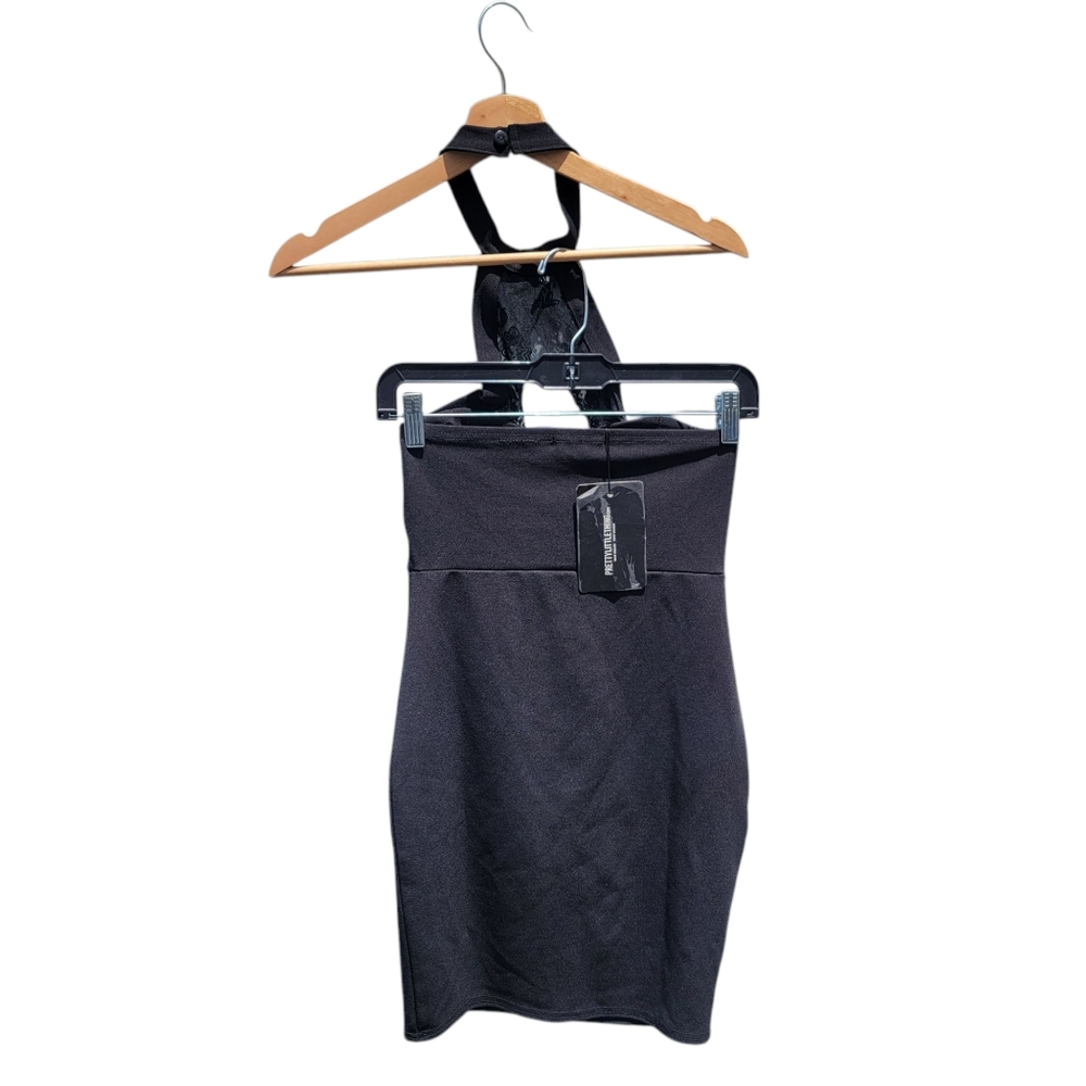 NWT PrettyLittleThing Black Lace Trim High Neck Sheer Top Bodycon Dress - Picture 5 of 11